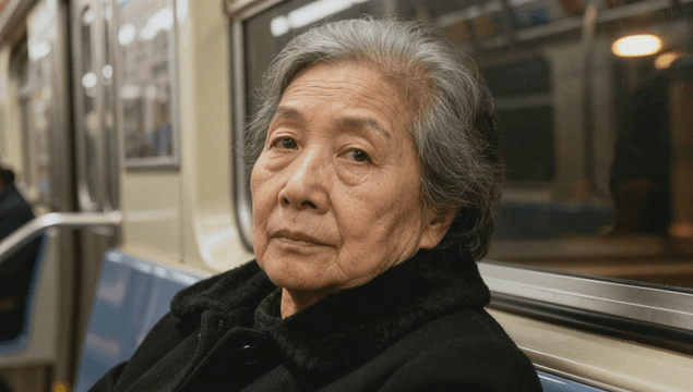 Elderly woman sitting in a subway seat while traveling