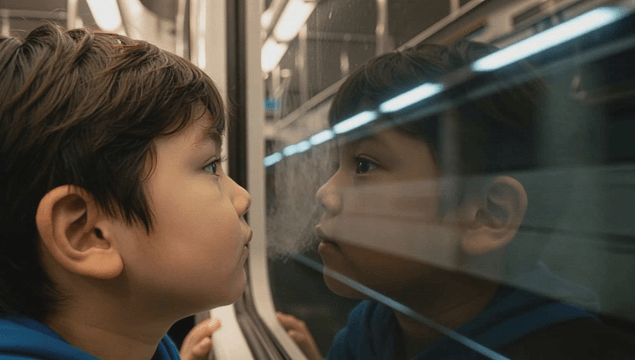 Boy looking out a subway window
