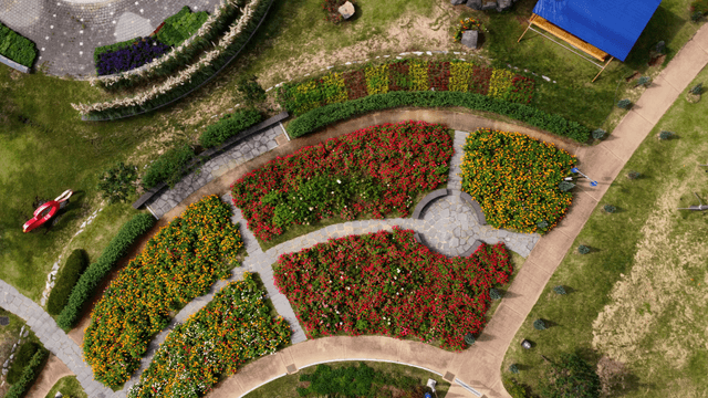Colorful flowerbeds in a park view