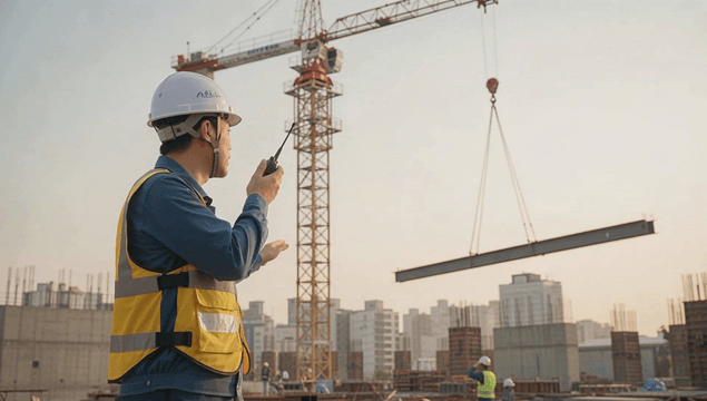 크레인을 지시하는 건설 노동자