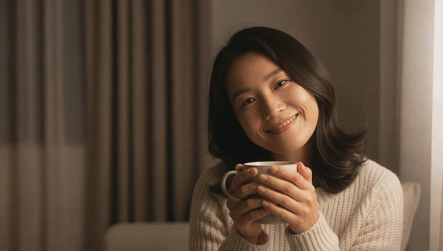 Smiling woman holding a warm drink at home