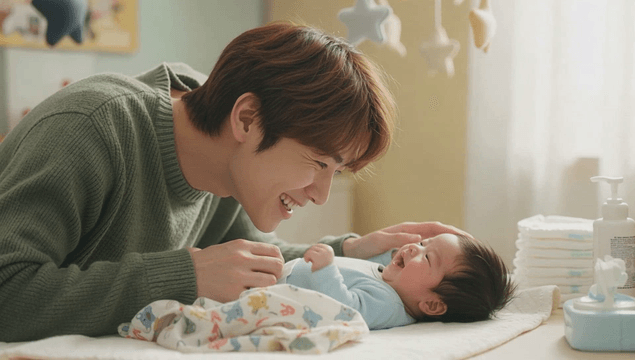 Father changing the diaper of a smiling baby