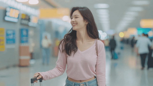 A woman smiling while walking in an airport