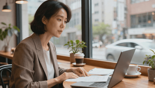 Businesswoman in video meeting on laptop at cafe