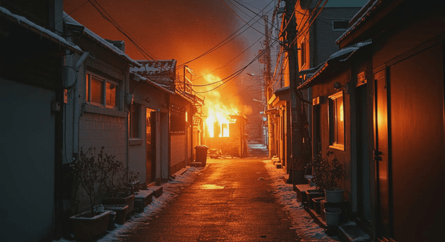 Building on fire in a narrow alley