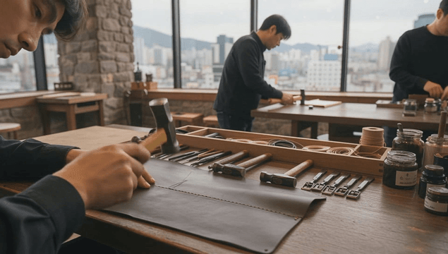 Artisans crafting leather goods in workshop