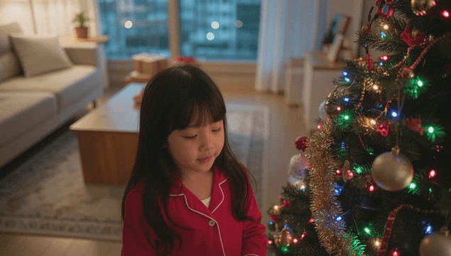 장식된 크리스마스 트리를 바라보는 아이