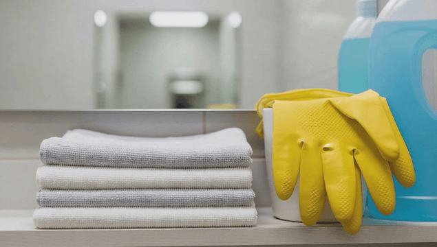 Neatly arranged towels and cleaning supplies