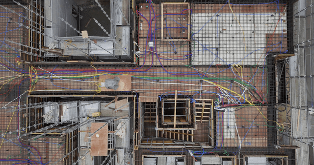 Construction site with colorful wiring