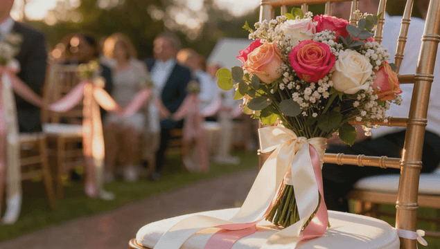 Rose bouquet placed among guests at an outdoor wedding venue