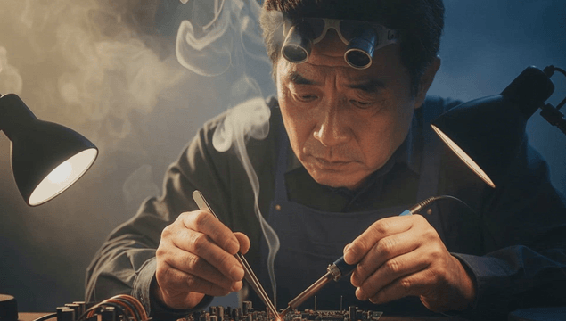 Technician soldering and repairing a circuit board under magnifying lamp