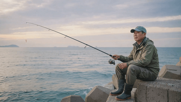 Middle-aged man fishing on a breakwater at dusk