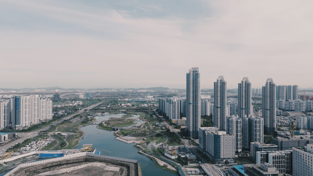 Modern city with central lake park