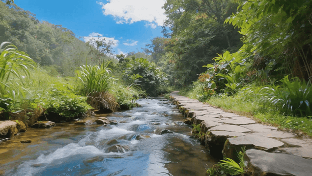 Serene stream flowing through lush greenery