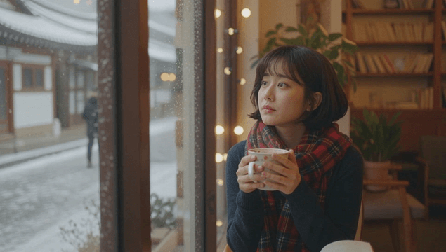 눈 오는 카페 창가에서 커피를 즐기는 젊은 여성