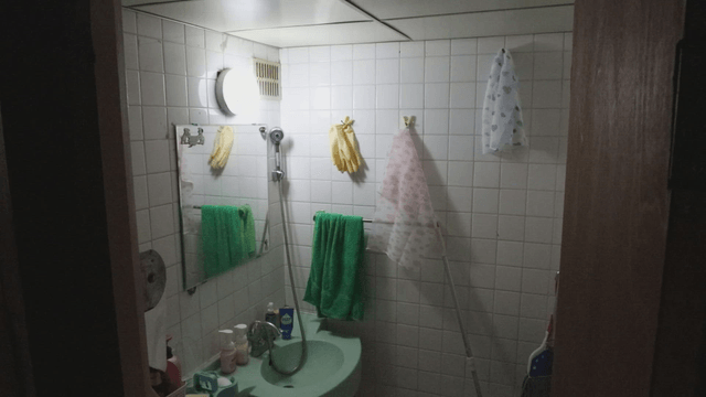 Small bathroom with cleaning supplies