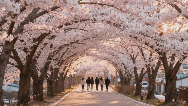 People walking together down a cherry blossom path