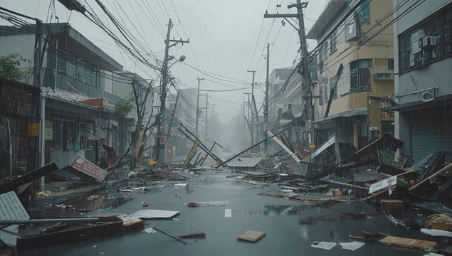Storm-devastated village street