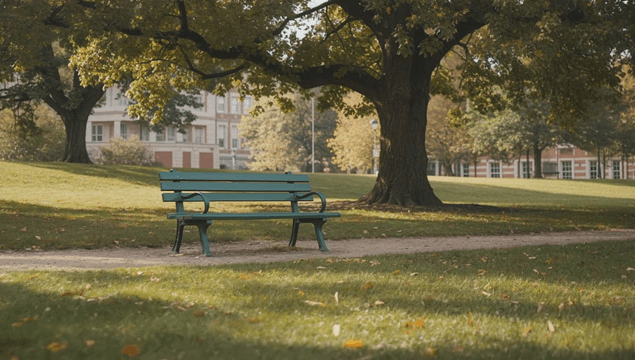 Peaceful park with giant tree and green bench