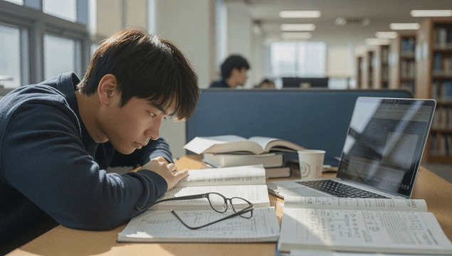 Young man asleep while studying in a library laptop reading room