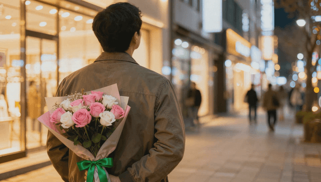 Man holding flowers on a street
