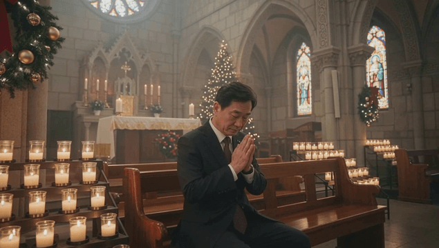 Man praying inside christmas decorated cathedral