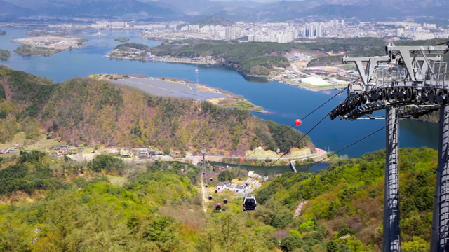 Cable cars over a scenic mountain landscape