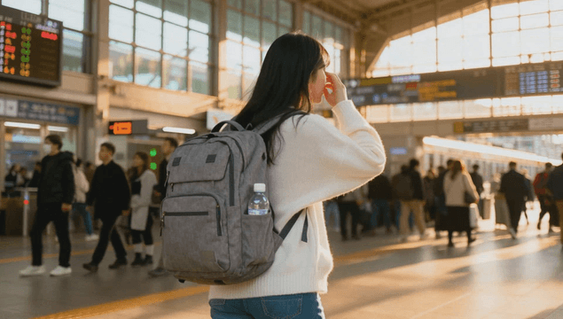 혼잡한 역사 플랫폼에서 걸어가는 배낭을 멘 젊은 여성