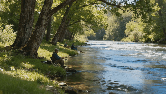 People fishing by a quiet forest riverbank