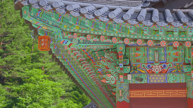 Eaves of traditional Korean temple with various colors
