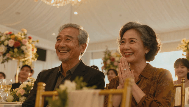 Smiling elderly couple enjoying a joyful wedding