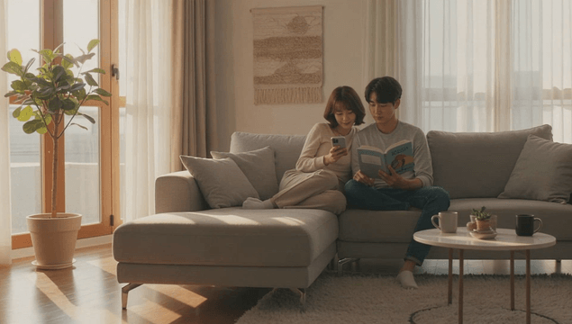 Couple reading and using a smartphone together on a sunlit sofa