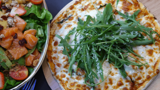 Strawberry salmon avocado salad with margherita pizza