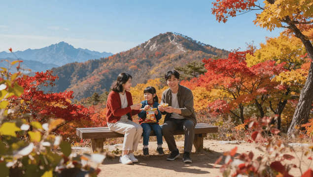 Family enjoying snacks in the autumn mountain