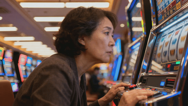 Middle-aged woman focused on a slot machine