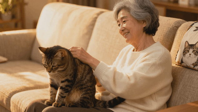 Elder brushing a cat on a living-room sofa