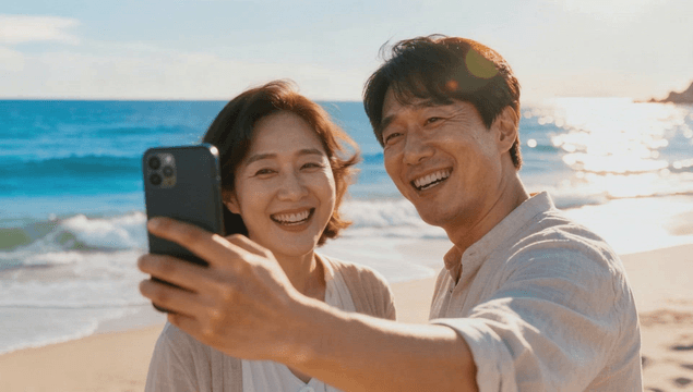 Middle-aged couple taking a selfie on a sunny beach