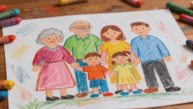 Crayon-drawn family picture