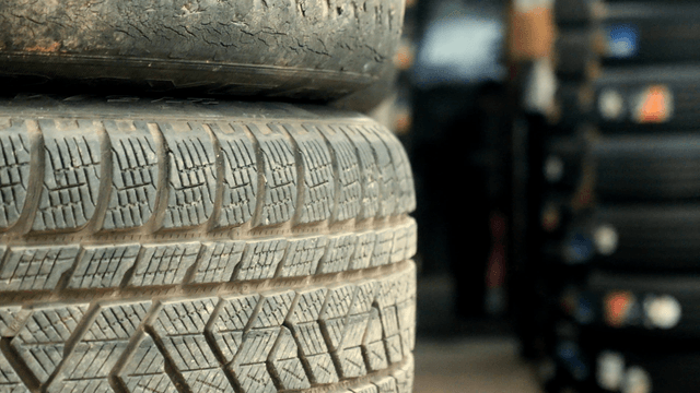 Stack of tires in a workshop