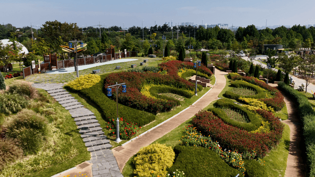 Park view with decorated garden sculptures