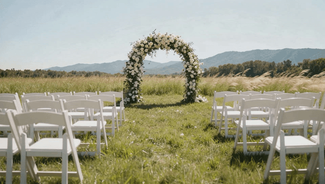 Outdoor wedding venue with a flower arch in a reed field