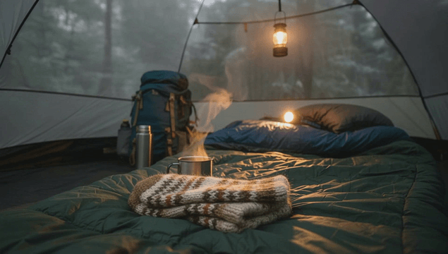 Cozy tent interior with steaming stainless cup