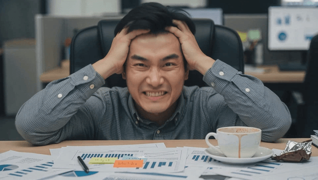 Office worker stressed at cluttered desk