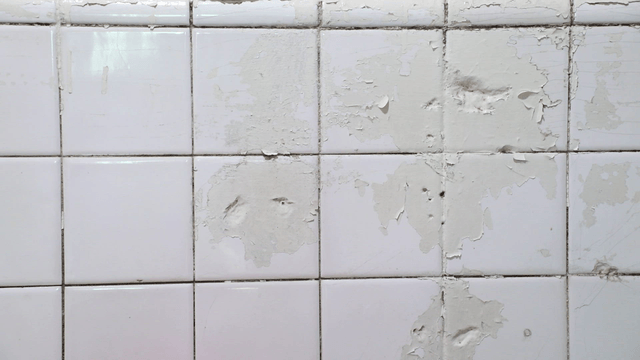 Worn and peeling bathroom tiles