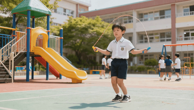 Boy playing jump rope in schoolyard