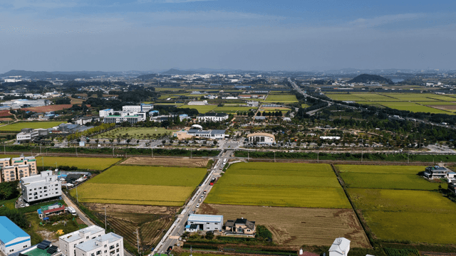 Aerial view of a rural landscape with fields