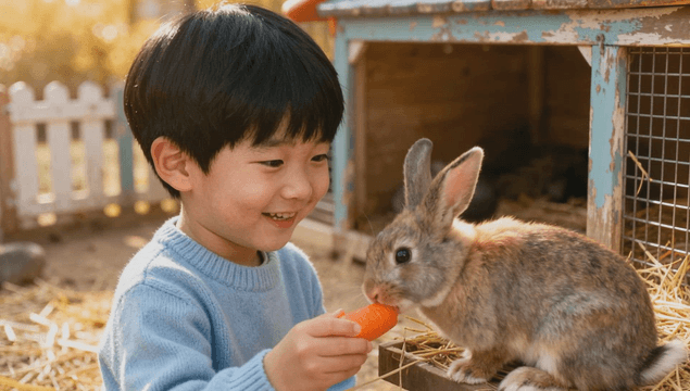 Rabbit eating a carrot given by a child
