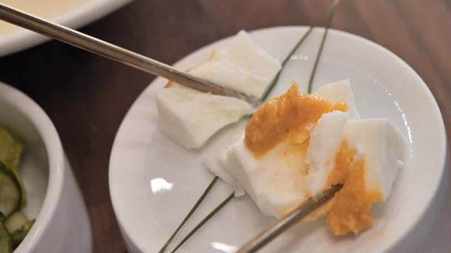 Tofu cheese topped with doenjang sauce