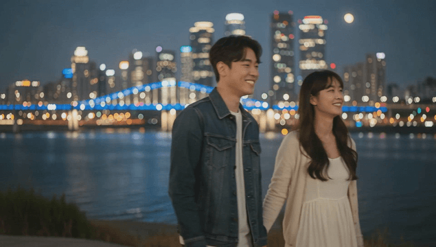 Happy couple with riverside city nightscape