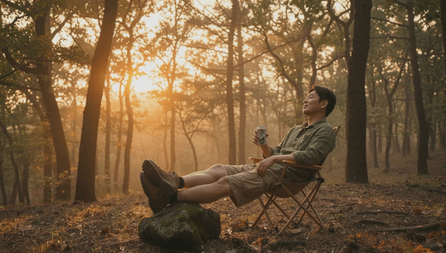 Man relaxing under warm forest sunlight